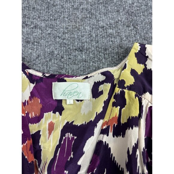 Haven Dress Womens Large Purple Cream Ikat Print Long Sleeve V-Neck Wrap Boho - Picture 2 of 8